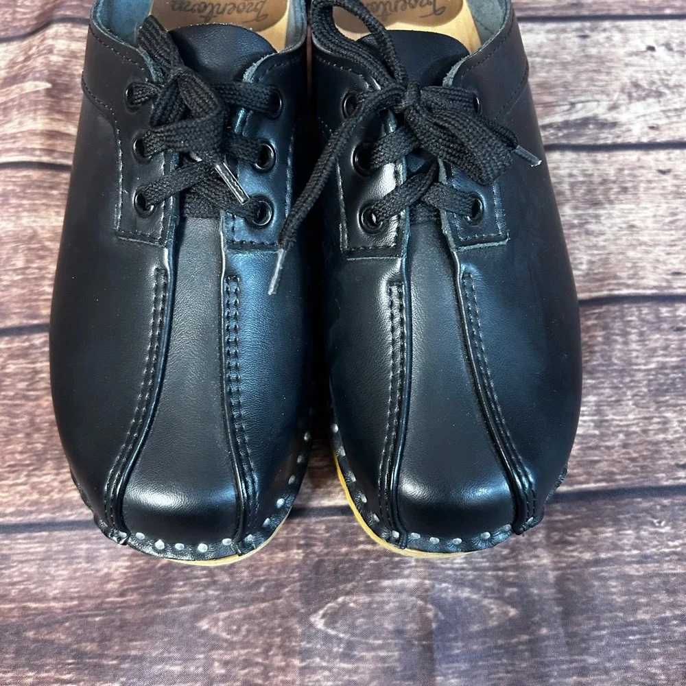Troentorp of Sweden Audubon Black Leather Lace Up Wooden Clogs Mules Womens 38 - Picture 4 of 12